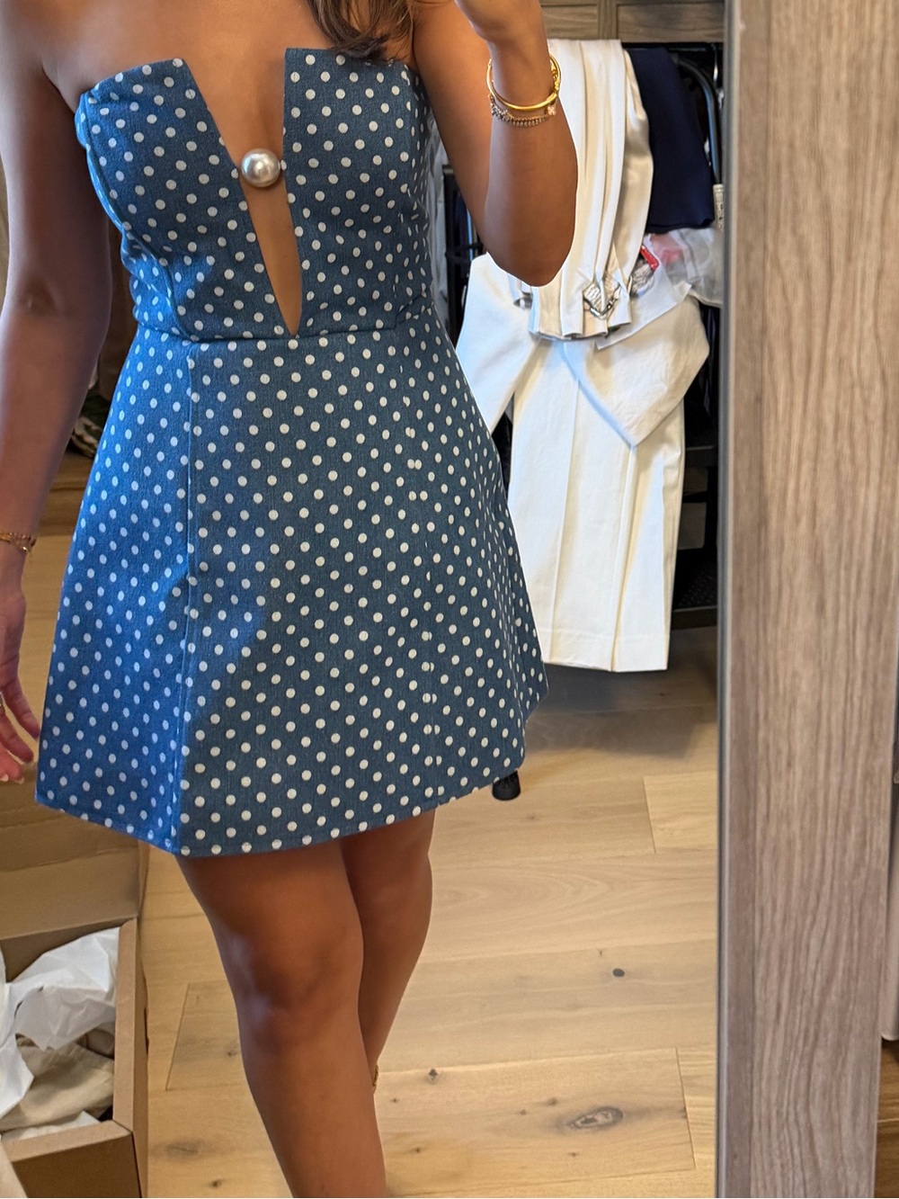 Fashion Nova Blue Polka Dot Strapless Mini Dress with Pearl Plunge